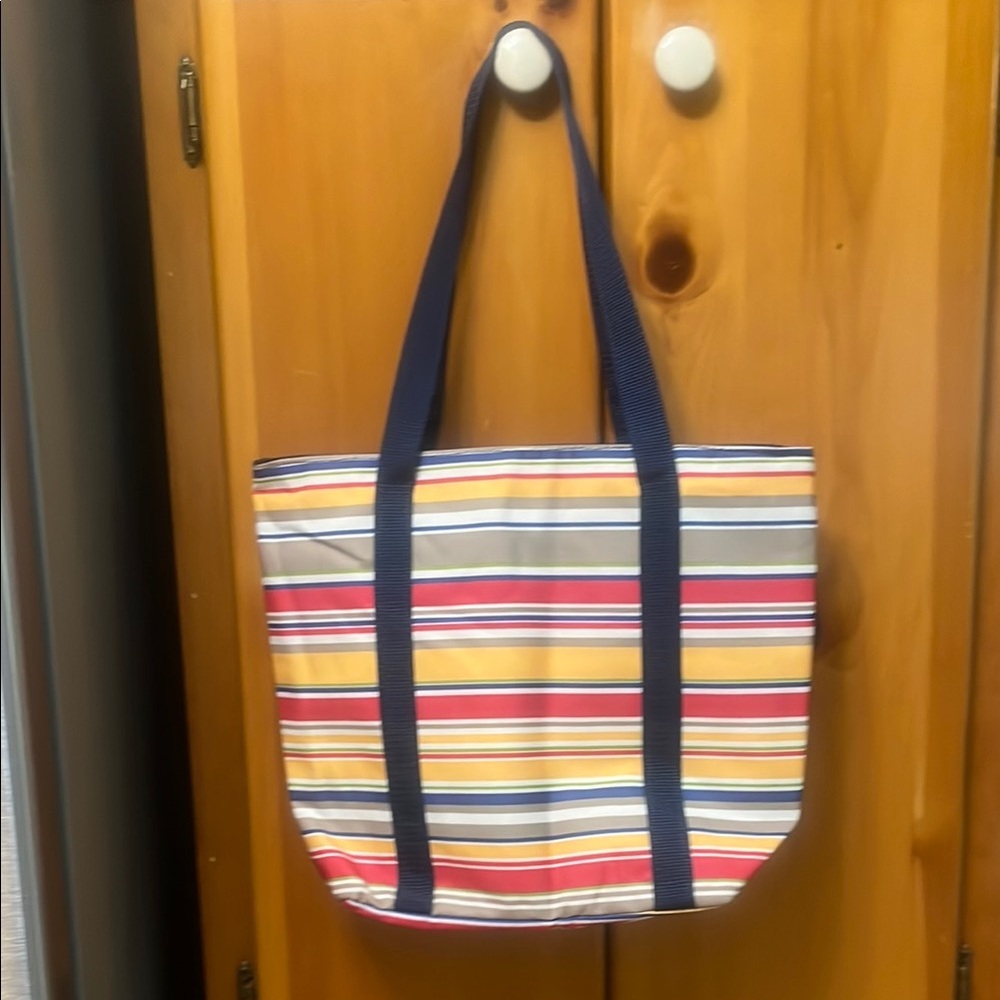 Striped Insulated Tote Bag with Navy Straps